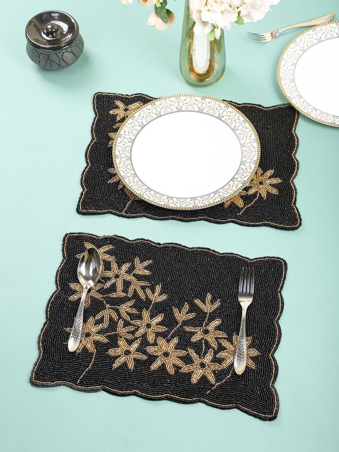YWULY Black & Beige 2 Pieces Embellished Beaded Round Table Placemats