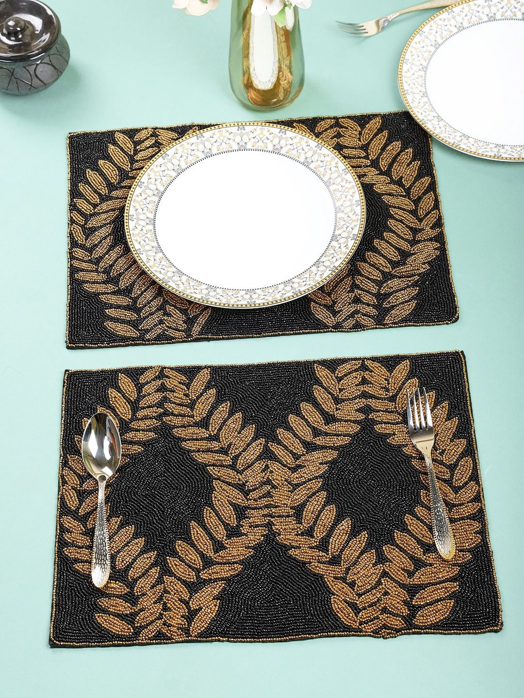 YWULY 2 Pcs Black & Beige Embellished Dining Table Beaded Placemats