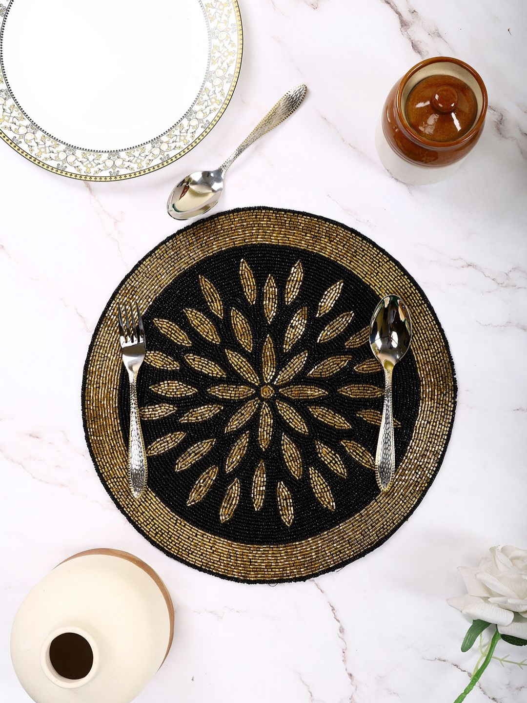 YWULY Black Floral Beaded Table Placemats