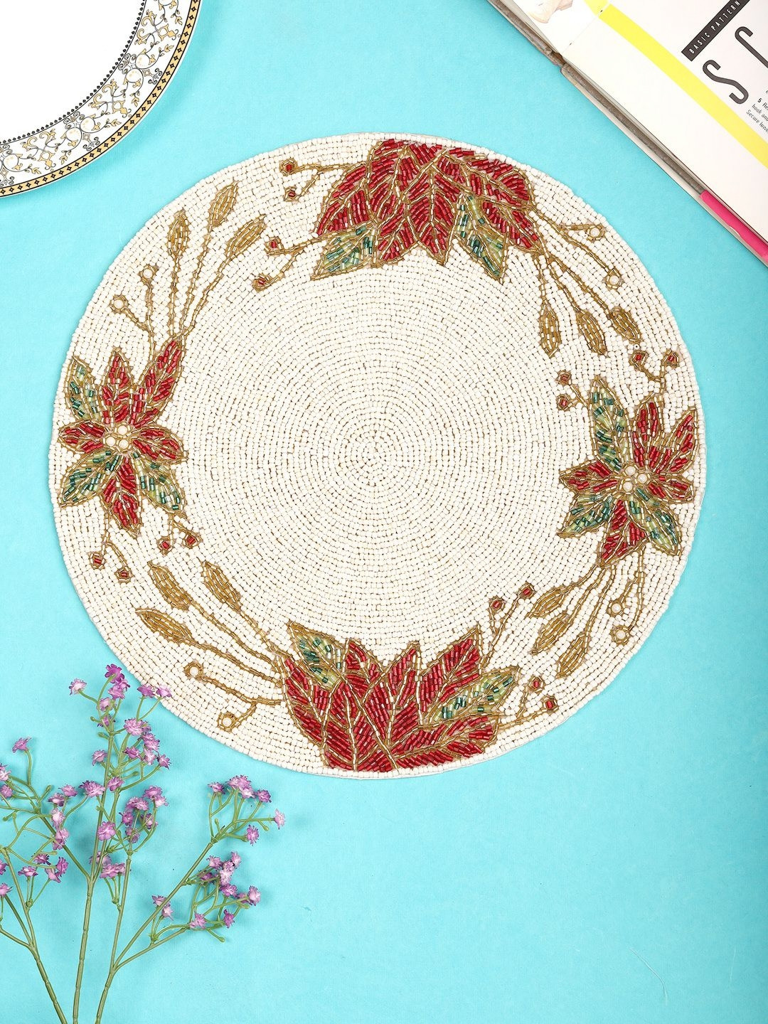 YWULY White & Red Embellished Dining Table Beaded Placemats