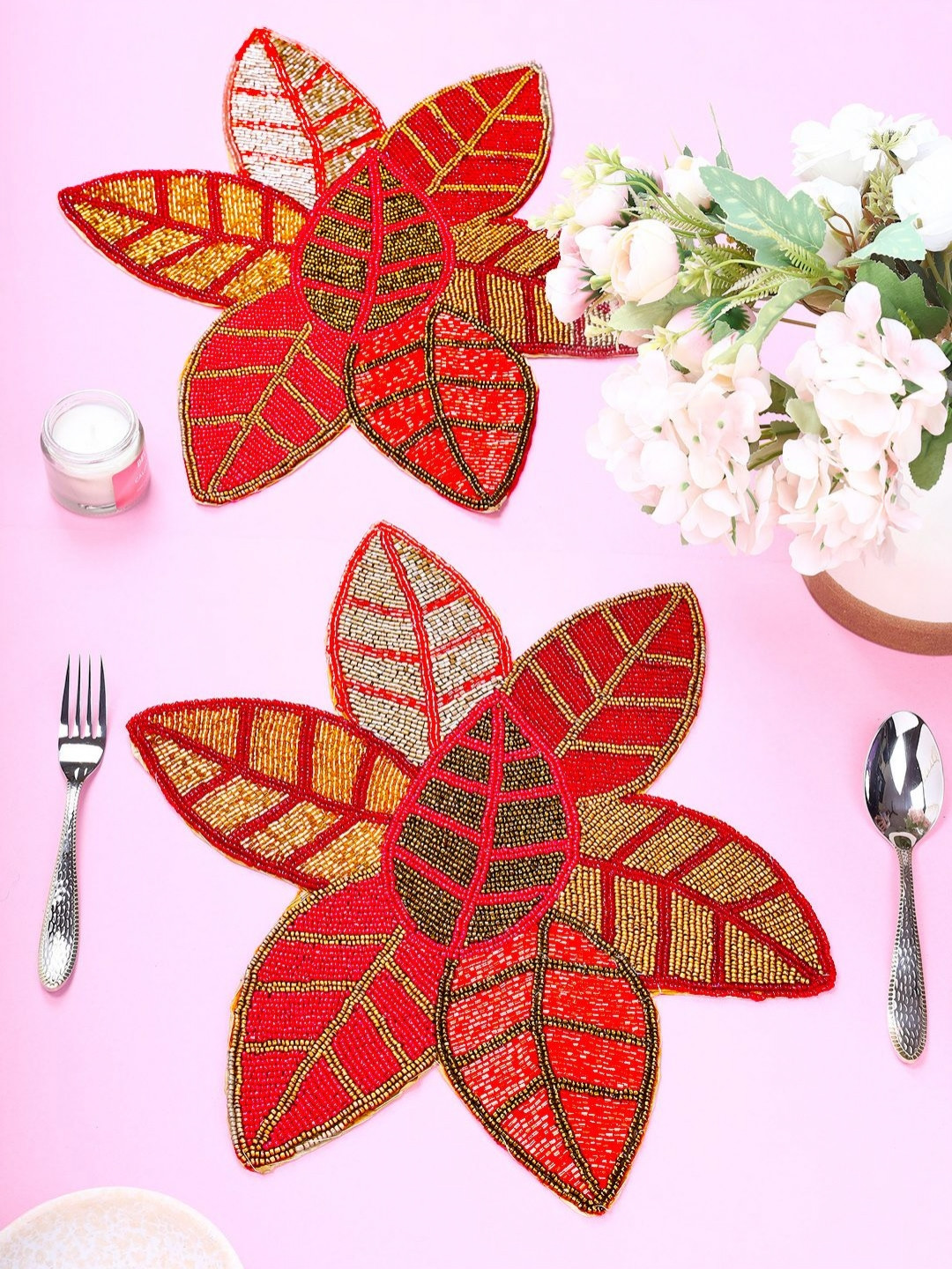 YWULY 2 Pcs Red & Black Embellished Dining Table Beaded Placemats