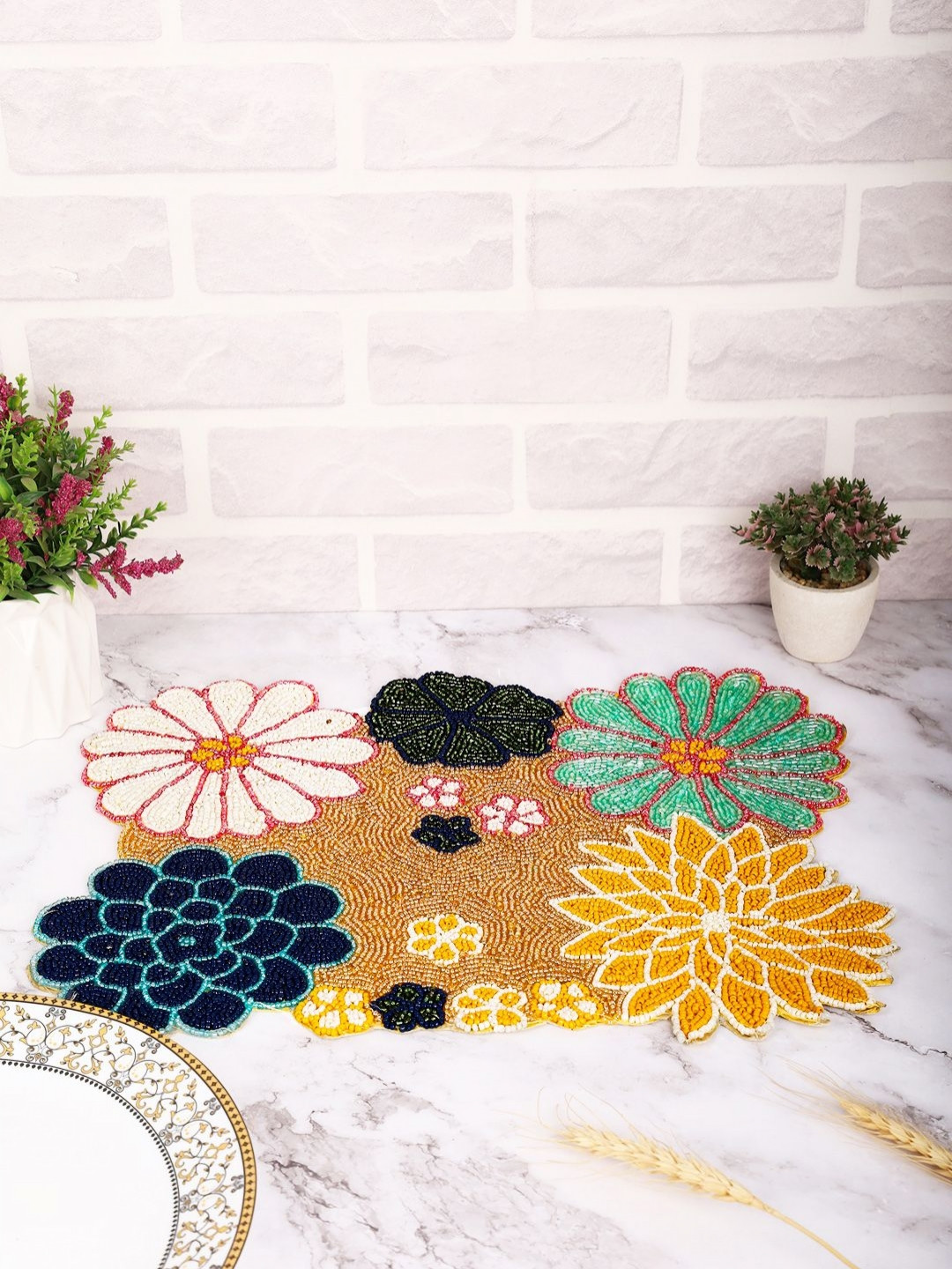 YWULY Yellow & Blue Embellished Dining Table Beaded Placemats