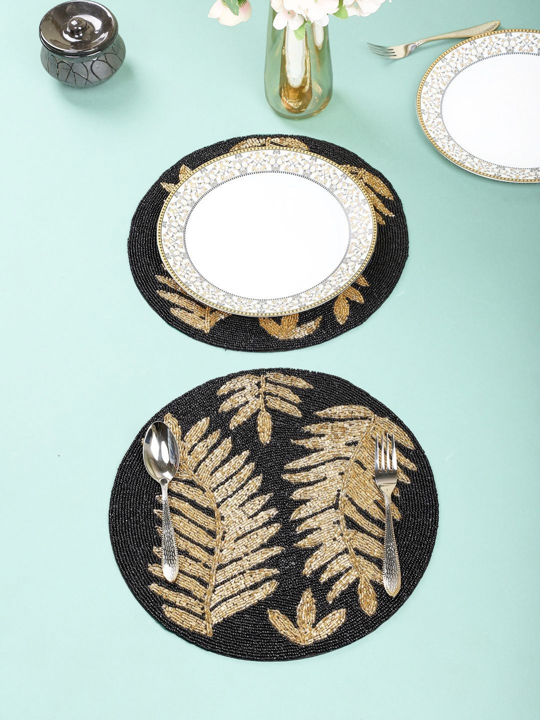 YWULY Black & Yellow Glass Beaded Table Placemats