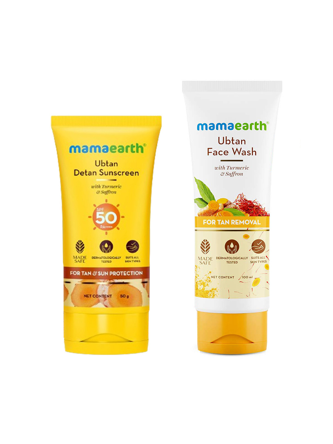 Mamaearth Set of Ubtan Natural Face Wash 100ml & Detan Sunscreen SPF 50 PA++++ 50g