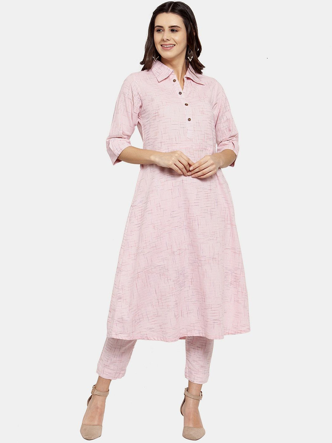 Sayesha Geomteric Printed Shirt Collar Pure Cotton A-Line Kurta With Trousers