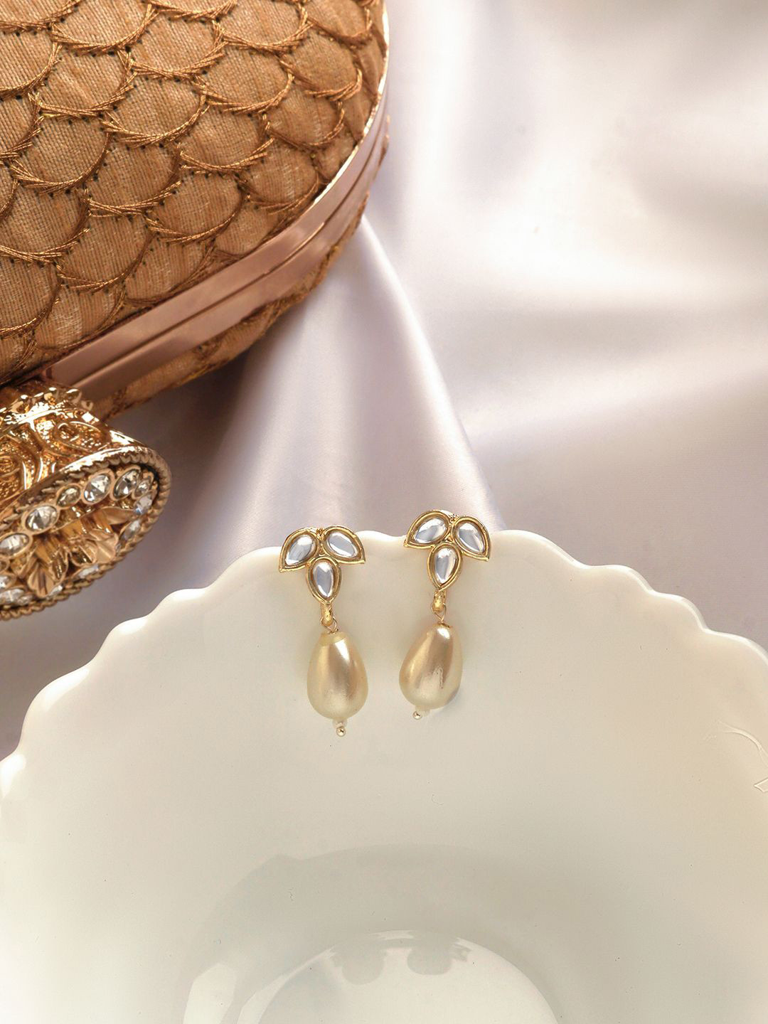 TEEJH Gold-Plated Alloy Teardrop Shaped Antique Artificial Stones and Beads Drop Earrings