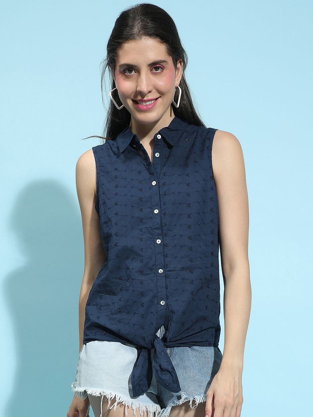 Oxolloxo Women Self Design Spread Collar Casual Shirt