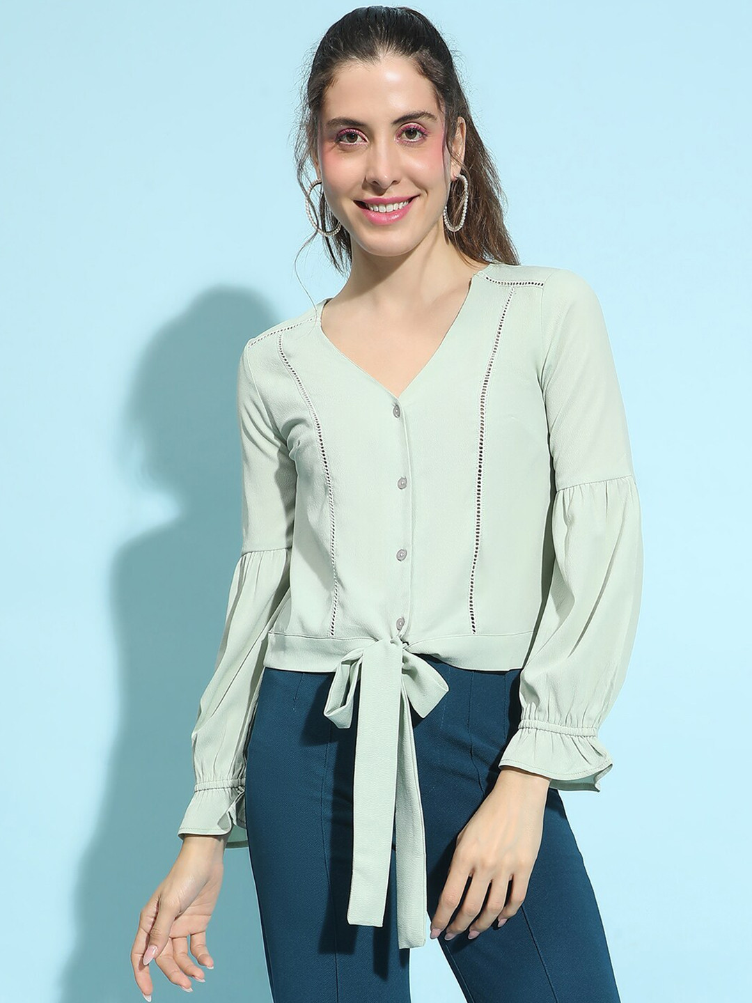 Oxolloxo Women Solid Long Sleeves Flutter Sleeves Top