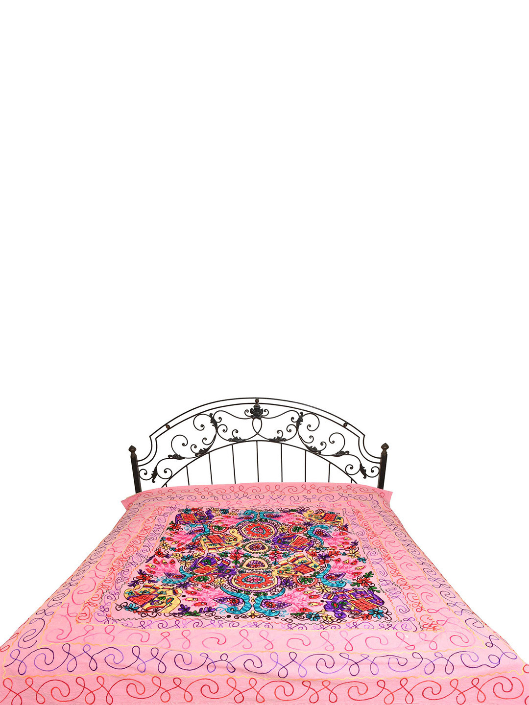 Exotic India Gujarat Pink Ethnic Motifs Cotton 300 TC Queen Fine Bedsheet -98 x 86 inches