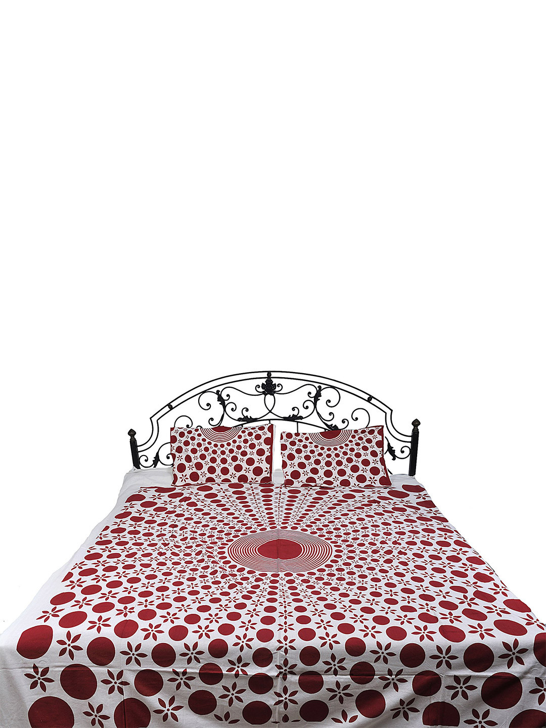 Exotic India Jester Red Graphic Cotton 300 TC Queen Fine Bedsheet with 2 Pillow Covers-96 x 86 inches