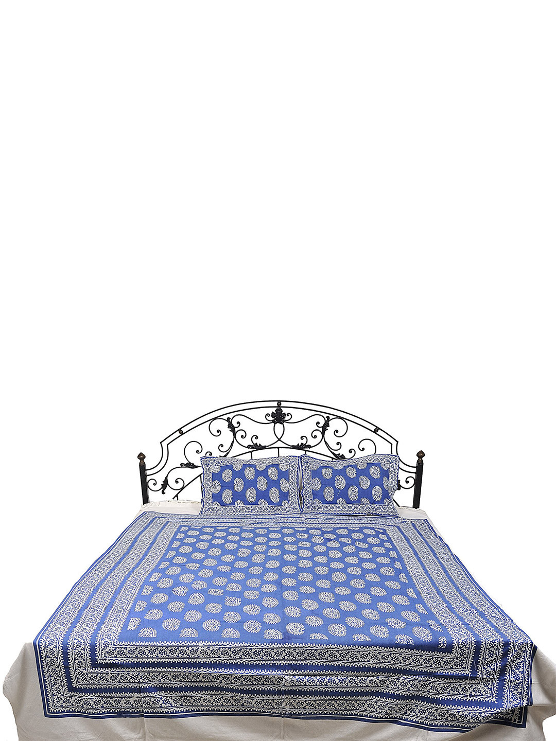 Exotic India Cendre Blue Paisley Cotton 300 TC Queen Fine Bedsheet with 2 Pillow Covers-98 x 86 inches