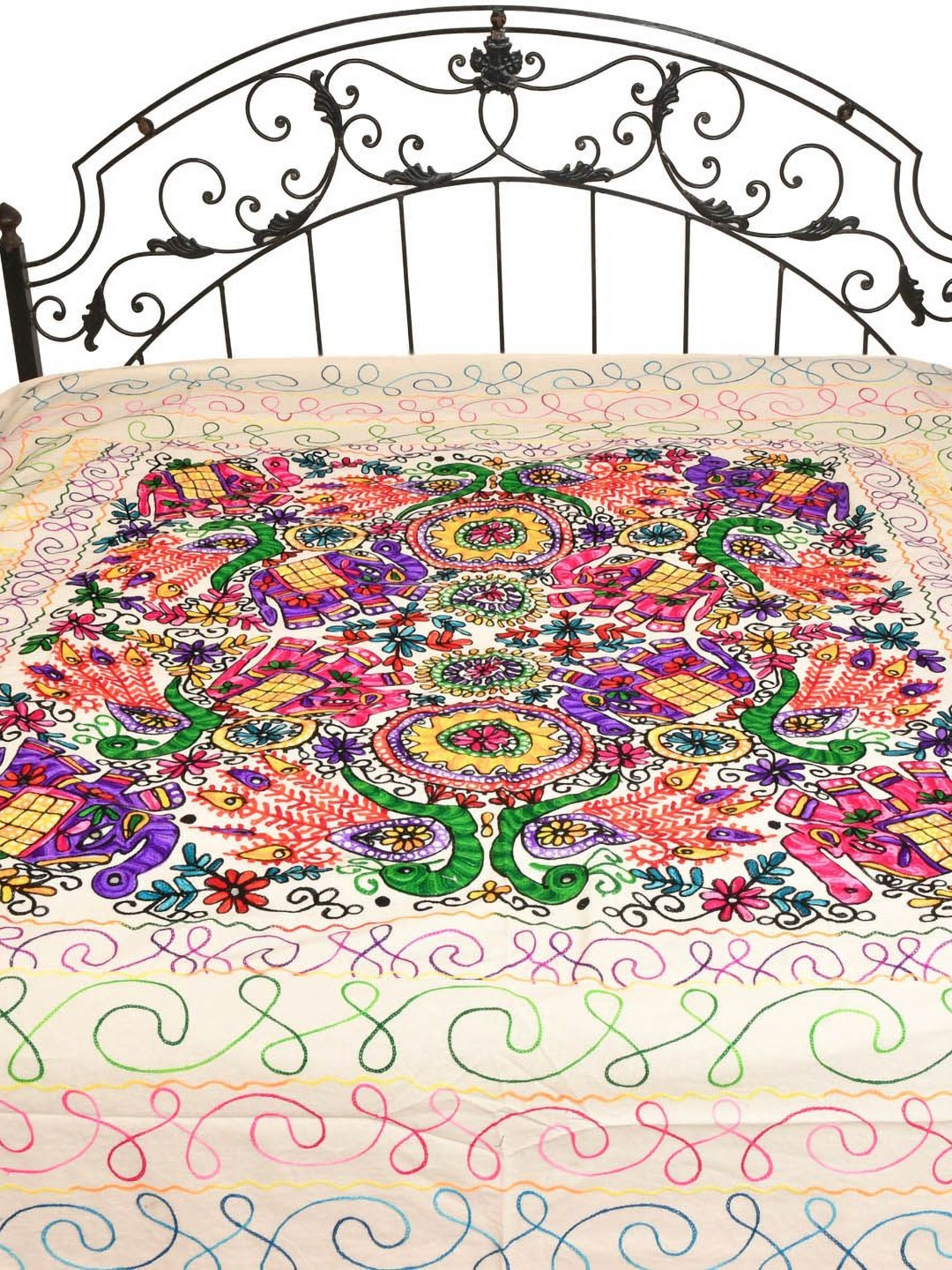 Exotic India White Ethnic Motifs Cotton 300 TC Queen Fine Bedsheet -85 x 84 inches