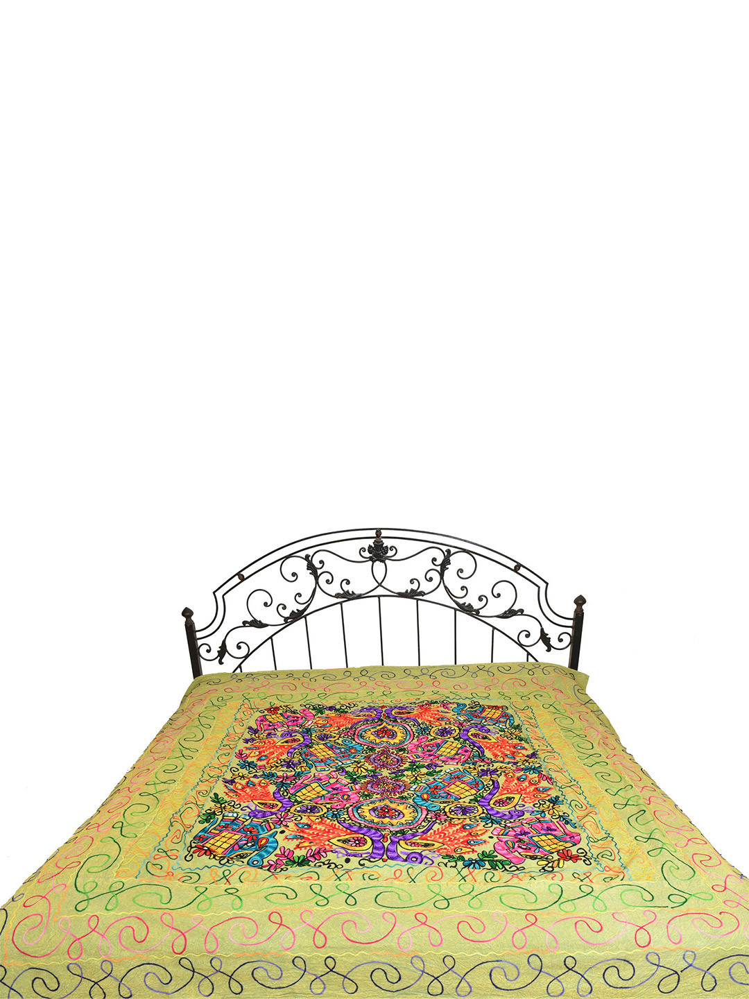 Exotic India Hastkala Green Abstract Cotton 300 TC Queen Fine Bedsheet -249 x 219 cm