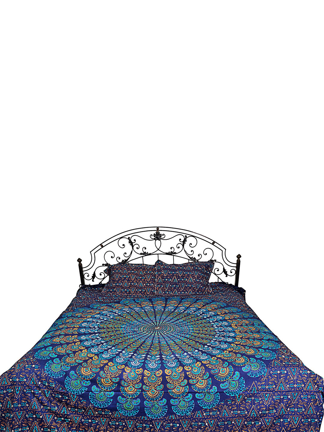 Exotic India True Blue Ethnic Motifs Cotton 300 TC Queen Fine Bedsheet with 2 Pillow Covers-98 x 86 inches