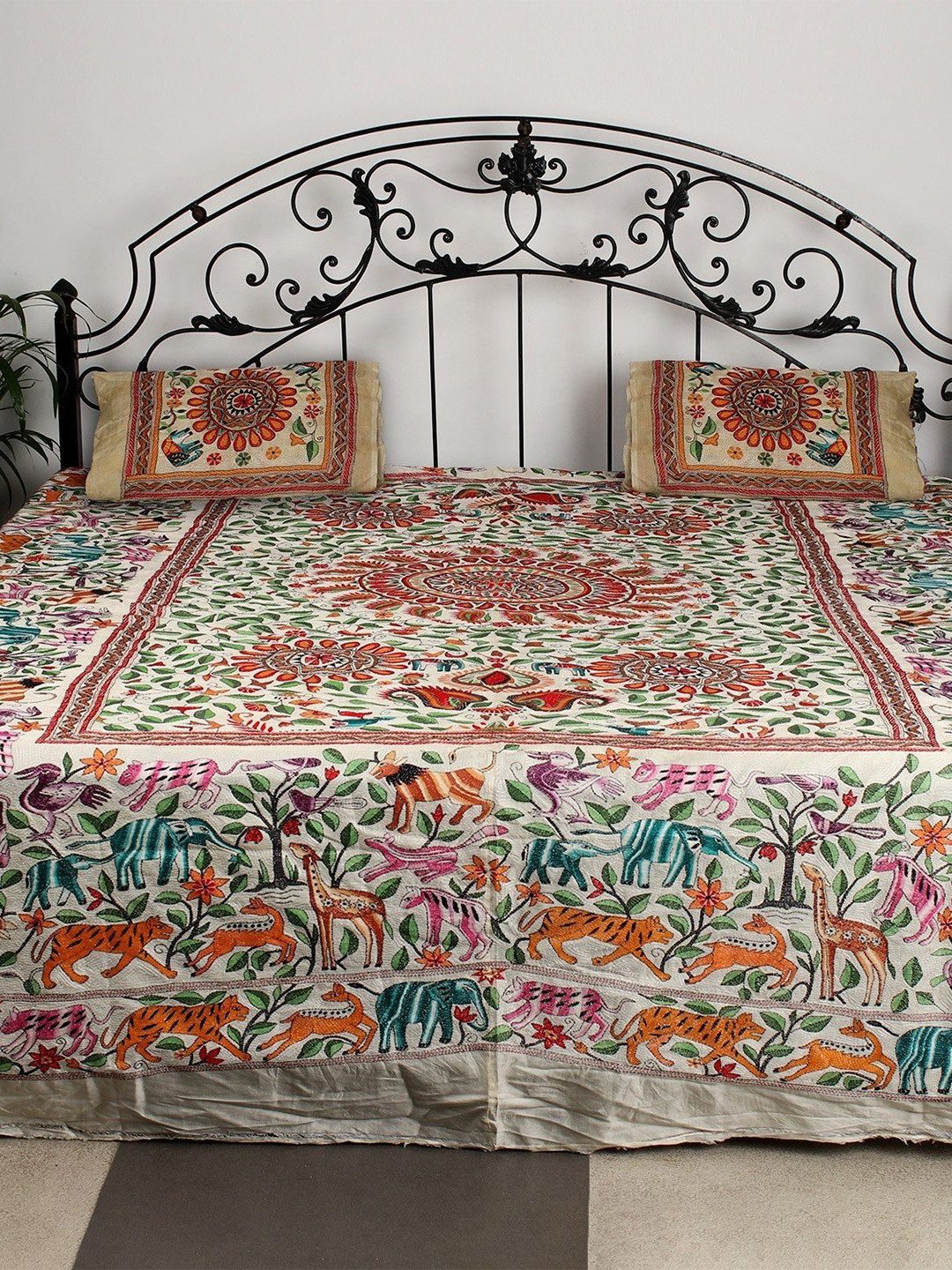 Exotic India 300 TC Pure Silk Queen Bed Cover & Pillow Covers With Fine Animal Embroidery