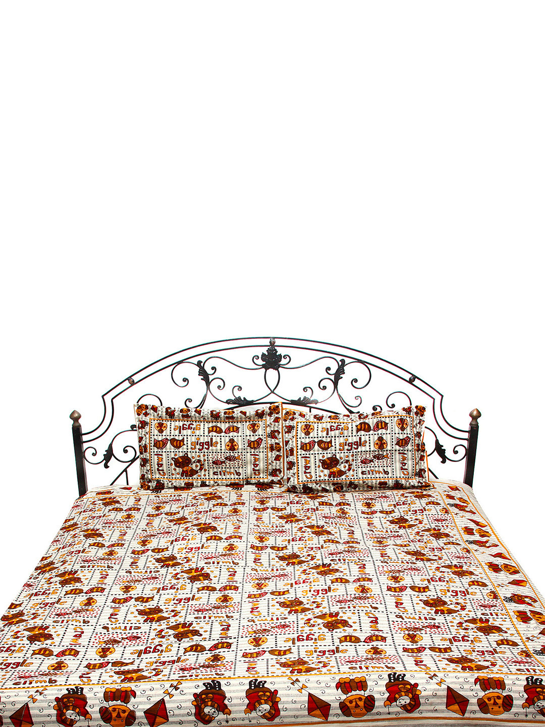 Exotic India Grey Conversational Cotton 300 TC Queen Fine Bedsheet with 2 Pillow Covers-98 x 81 inches