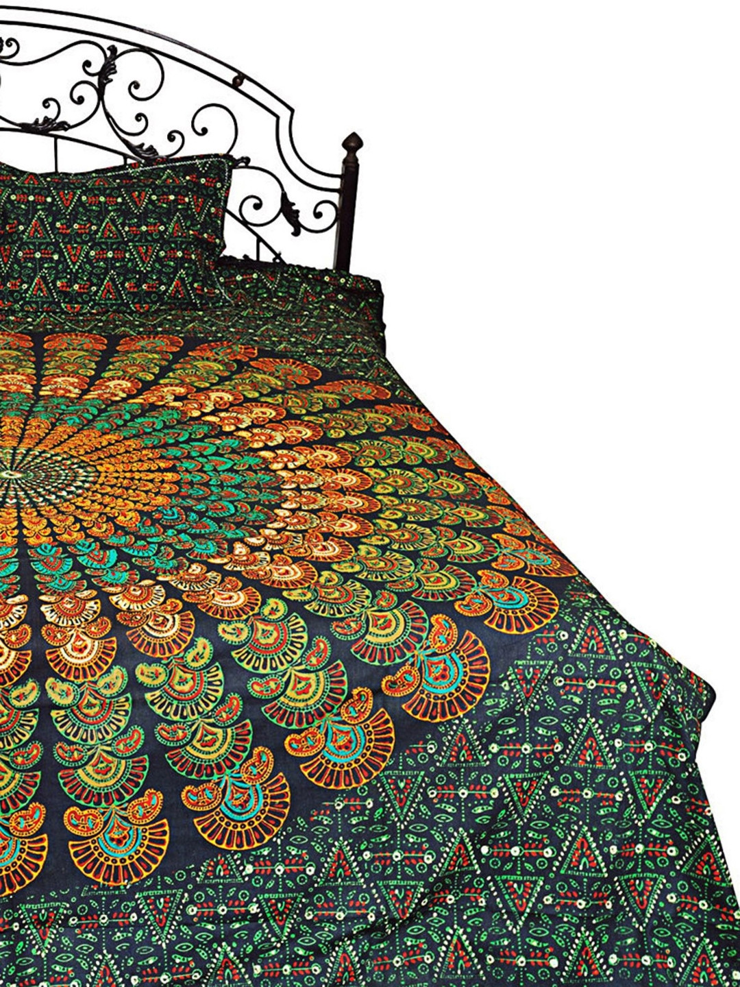 Exotic India Ponderosa Pine Pilkhuwa Green Ethnic Motifs Cotton 300 TC Queen Fine Bedsheet with 2 Pillow Covers-94 x 83 inches