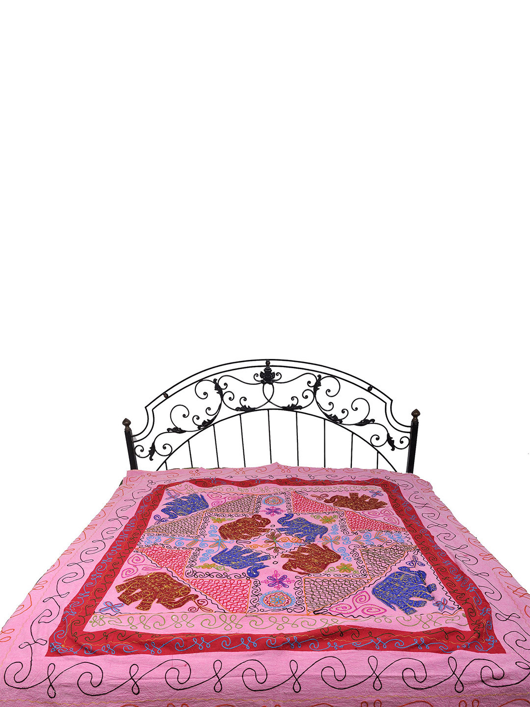 Exotic India Gujarati Pink Ethnic Motifs Cotton 300 TC Queen Fine Bedsheet -84 x 81 inches