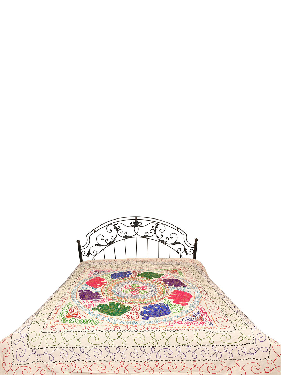 Exotic India Gujarati White Ethnic Motifs Cotton 300 TC Queen Fine Bedsheet -220 x 240 cm