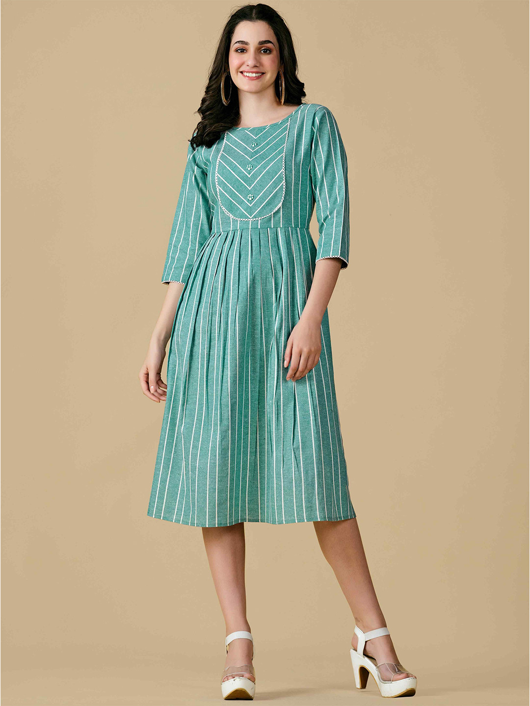 TextileNow Striped A-Line Midi Dress