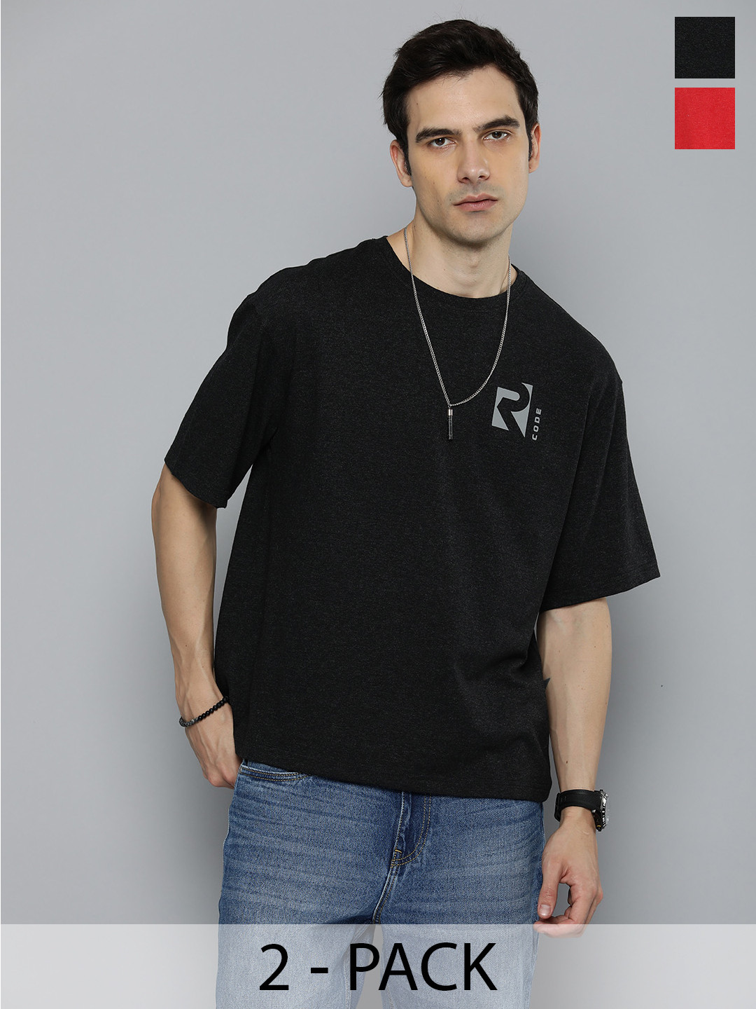 R.Code by The Roadster Life Co. Pack Of 2 Men Round Neck Short Sleeves Oversized T Shirts