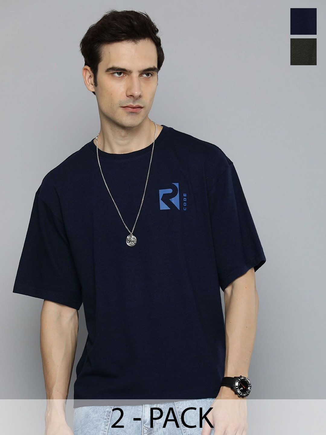 R.Code by The Roadster Life Co. Pack Of 2 Men Round Neck Short Sleeves Oversized T Shirts