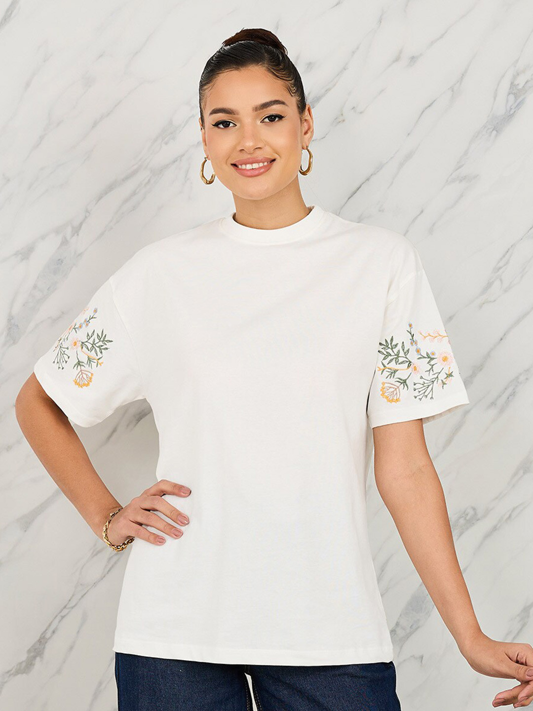 Styli Women Cream Coloured Floral Embroidered Oversized Longline Cotton Casual T-Shirt