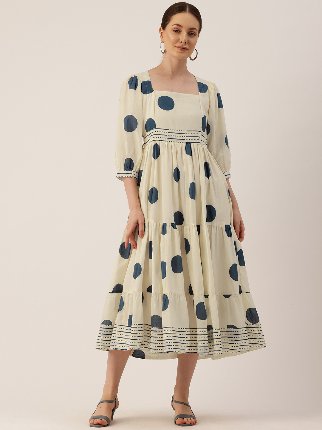 Jaipur Morni Polka Dot Print Puff Sleeve Fit & Flare Midi Dress