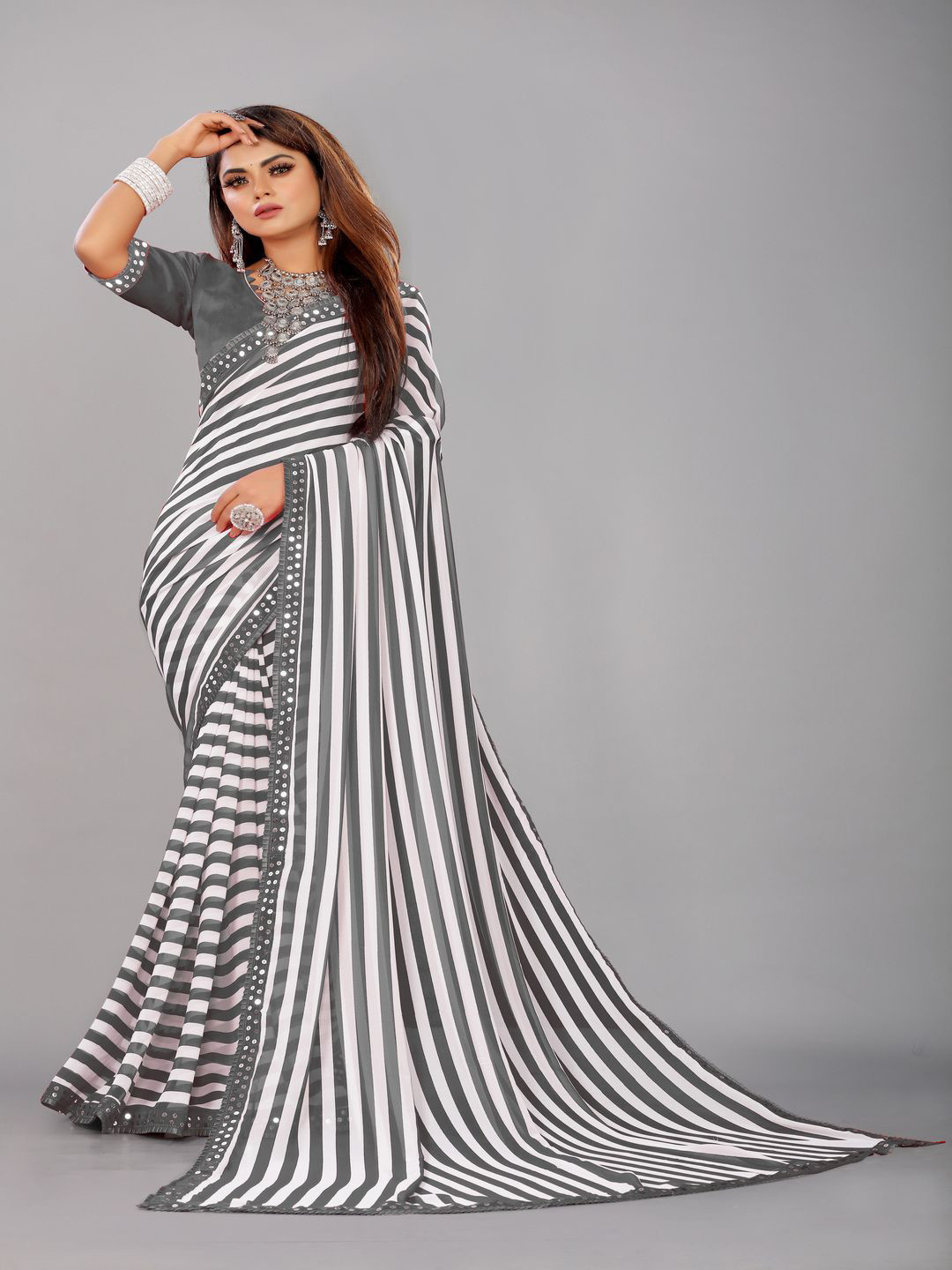 limtd Striped Mirror Work Pure Georgette Leheriya Saree