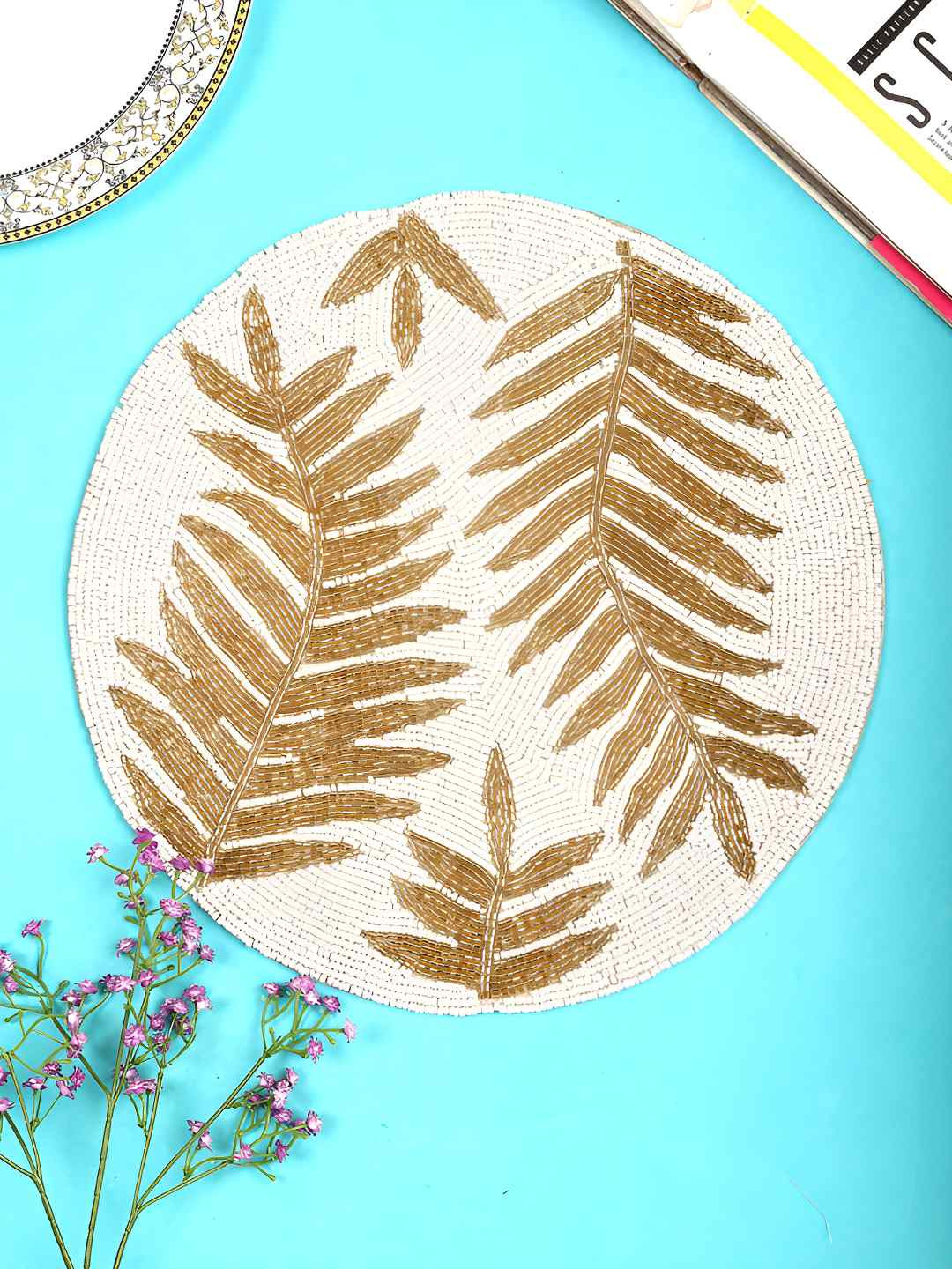 PURINA'S Cream Coloured & Gold Toned Floral Embellished Round Table Placemats