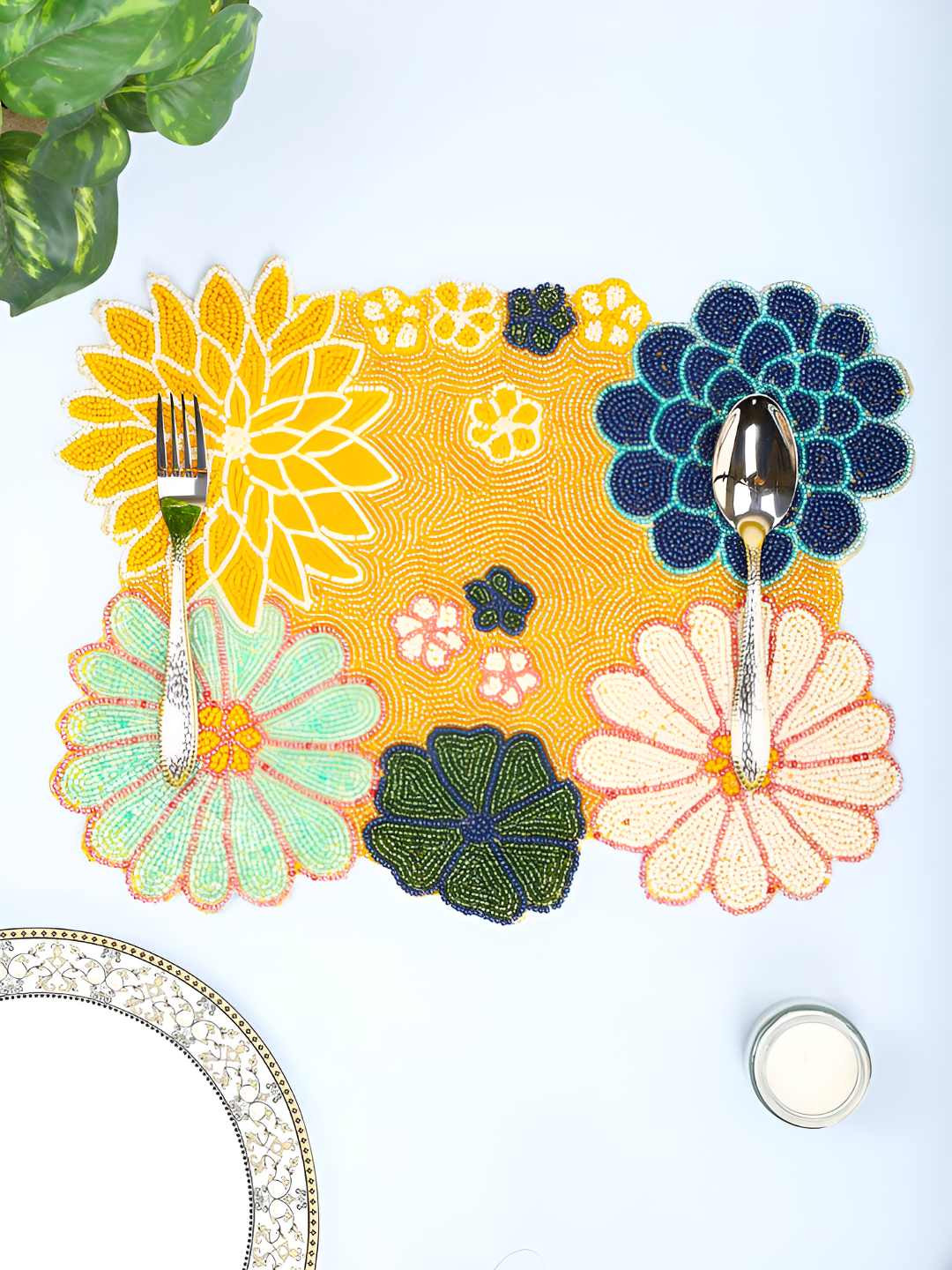 PURINA'S Yellow & Green Rectangle Floral Beaded Table Placemats