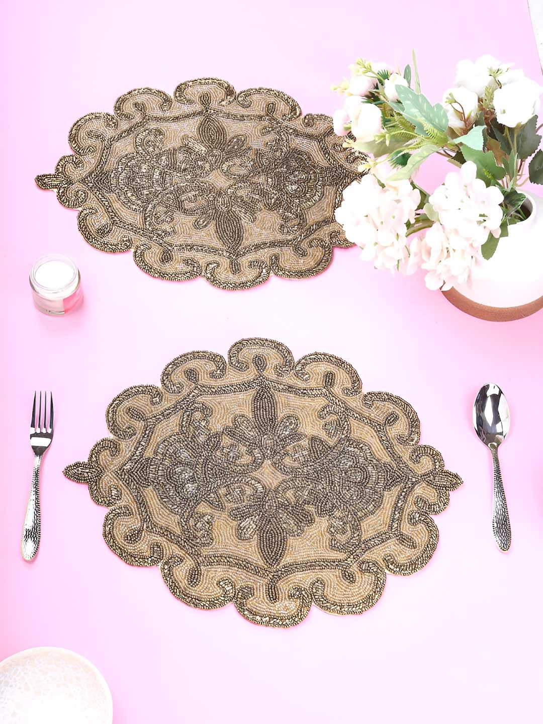 PURINA'S Cream- Colored & Brown Round Beaded Table Placemats