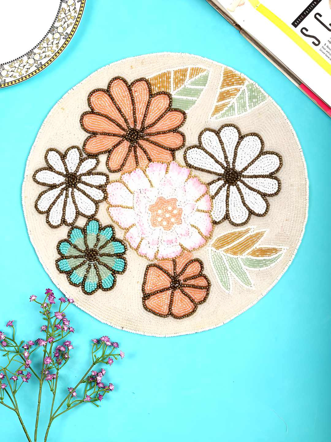 PURINA'S White & Peach Round Beaded Table Placemats