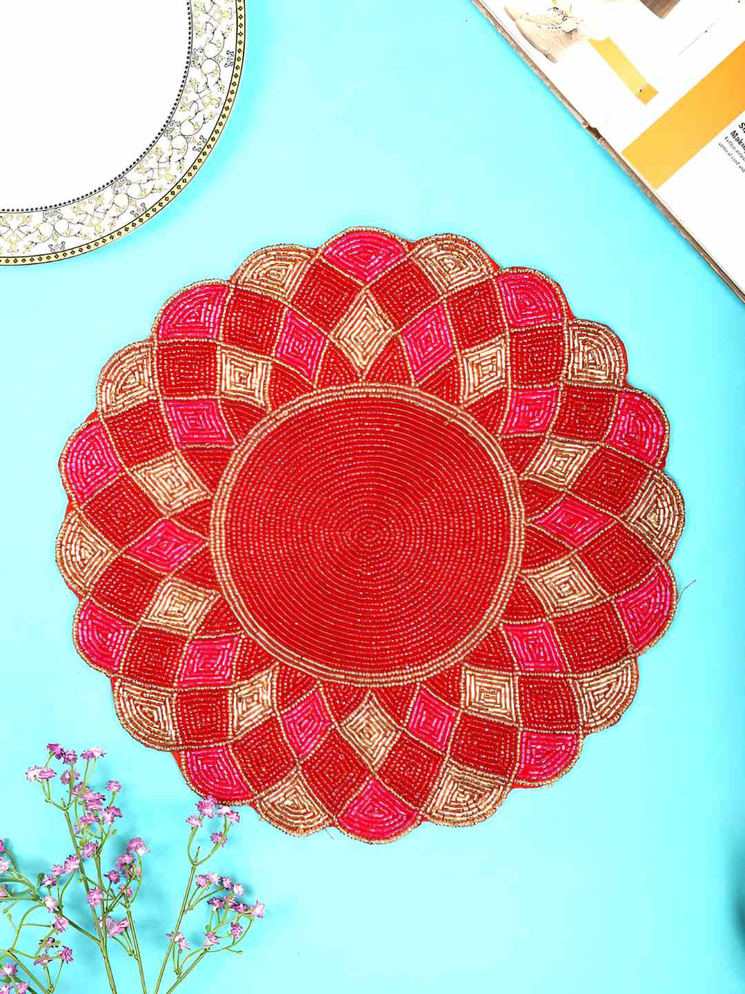 PURINA'S  2-Pcs Red & Pink Beaded Table Placemats
