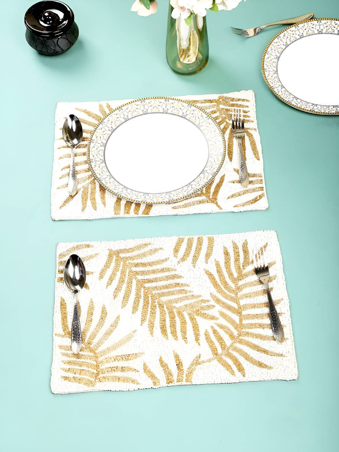PURINA'S White & Gold Toned 2 Pieces Floral Embellished Rectangle Table Placemats