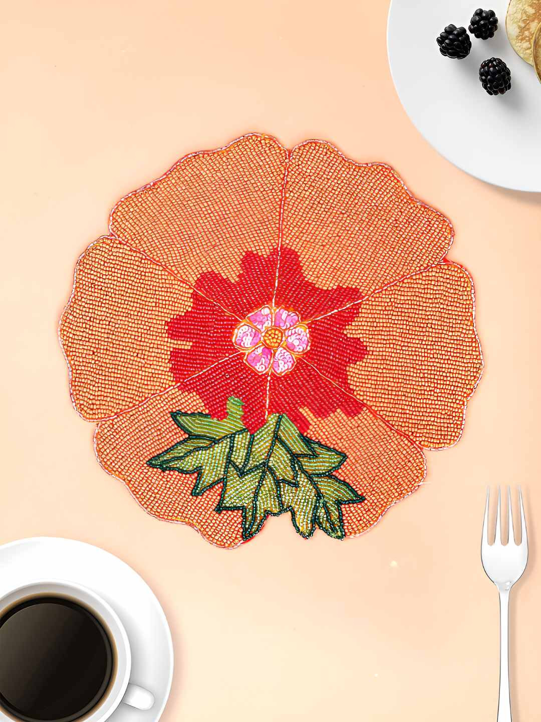 PURINA'S Orange & Red Floral Embellished Round Table Placemats