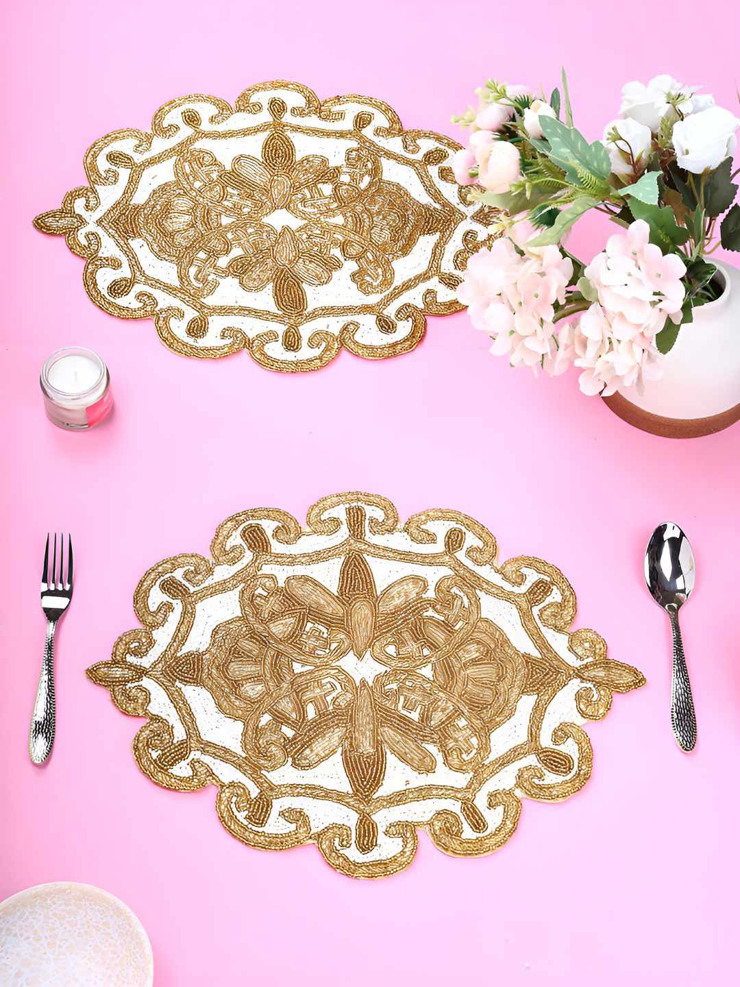 PURINA'S Brown & Cream Coloured 2 Pieces Floral Embellished Table Placemats