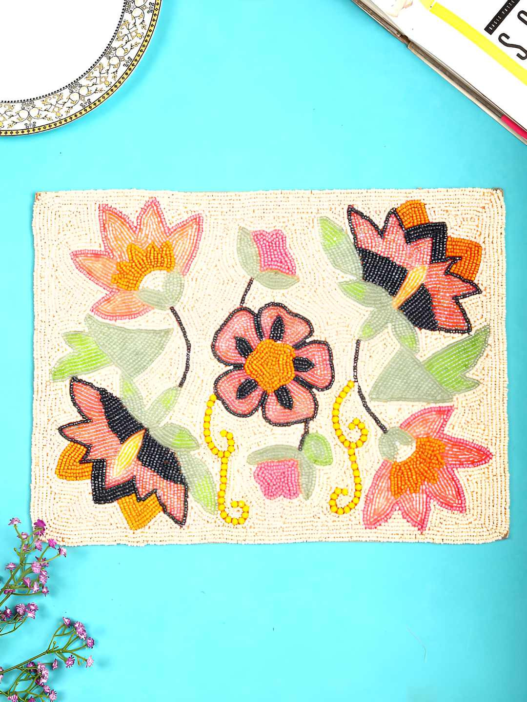 PURINA'S  2-Pcs Cream Color & Black Beaded Table Placemats