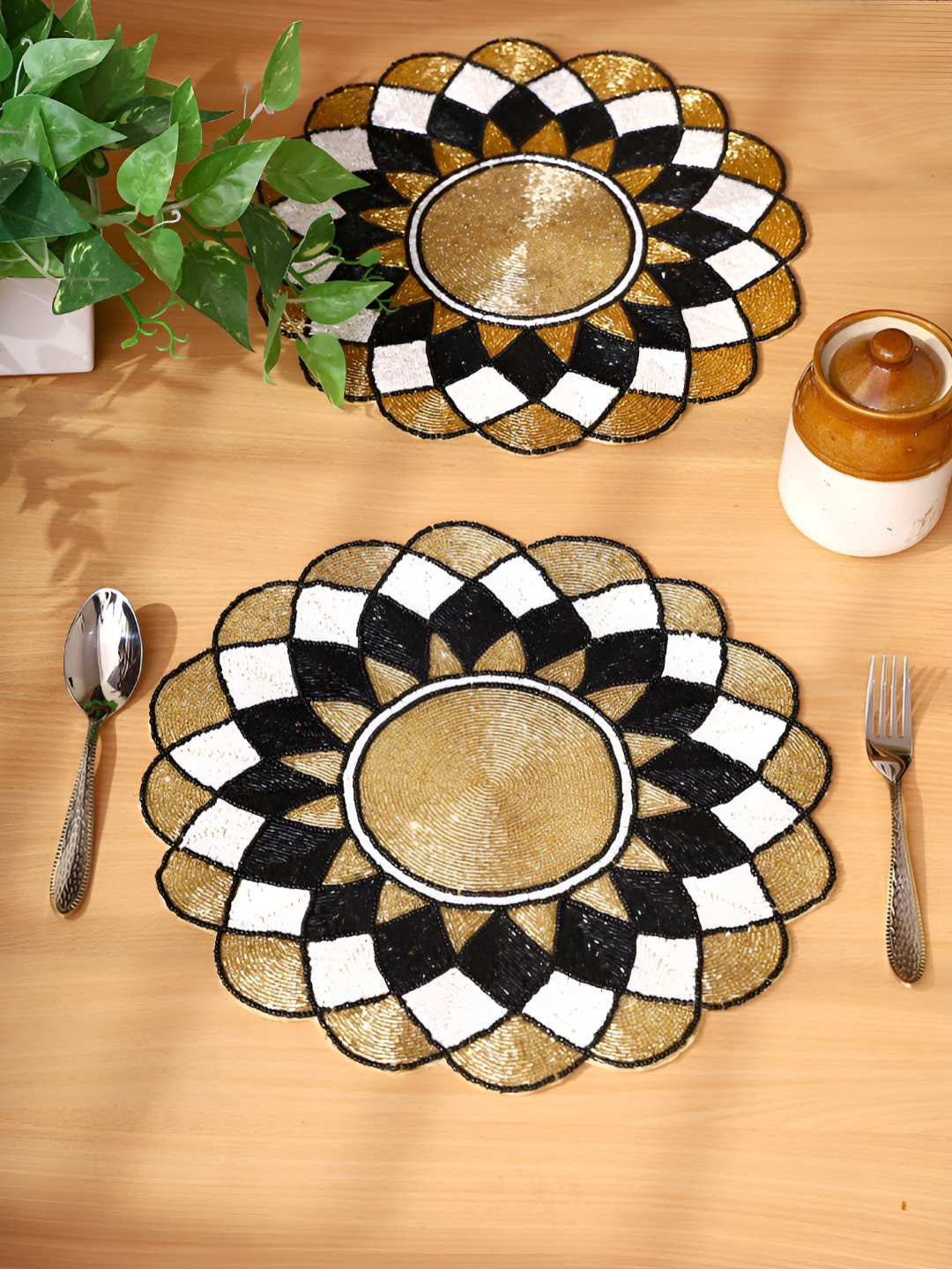 PURINA'S 2 Pcs Cream Colored & Black Beaded Table Placemats