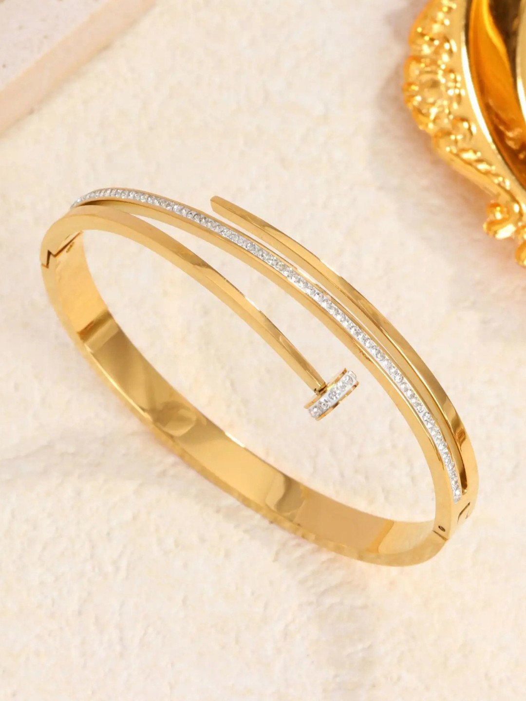 SALVE Gold-Toned Cubic Zirconia Stone Studded Cuff Bracelet