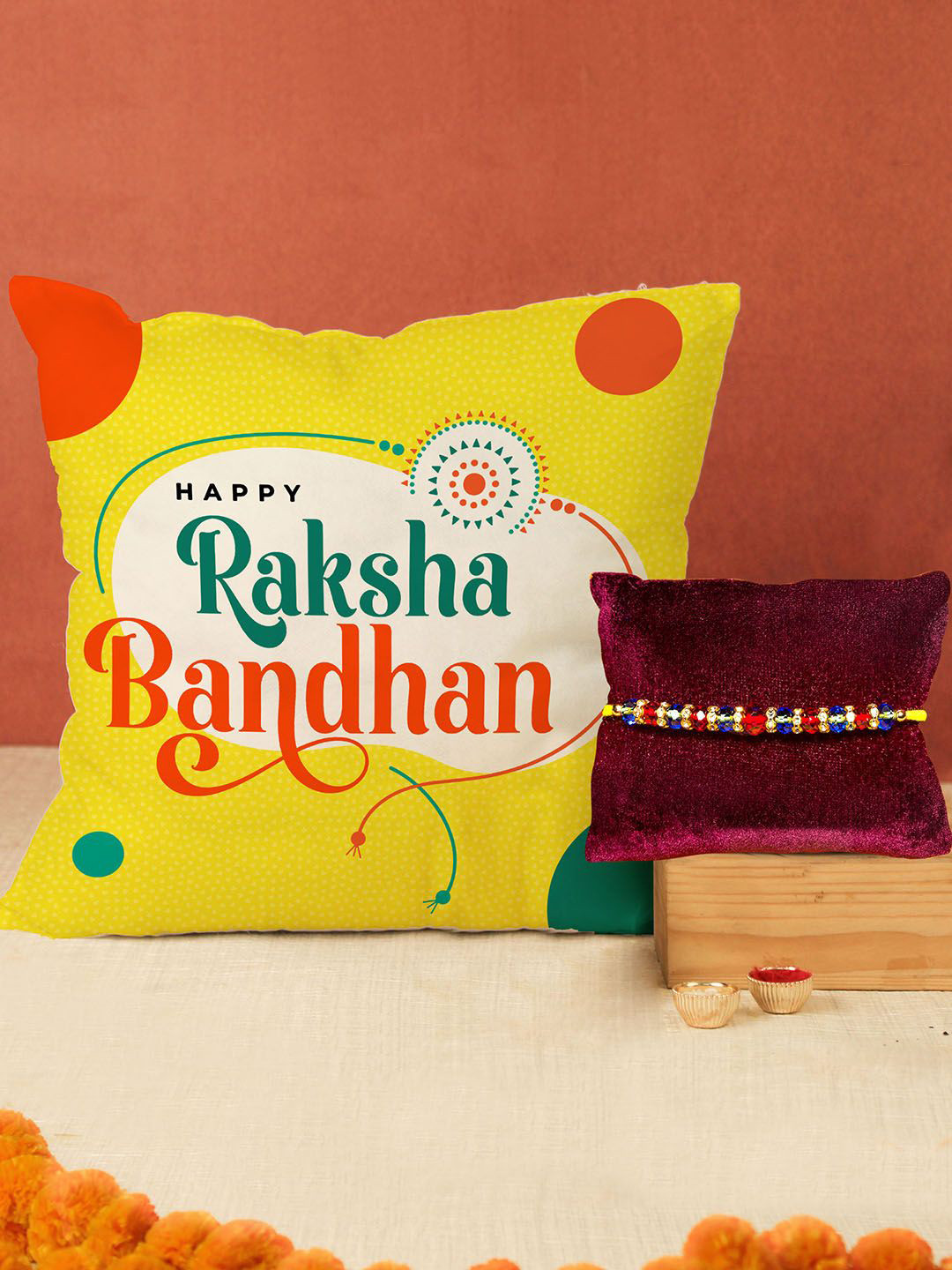 Tied Ribbons Beaded Rakhi, Cushion Card & Roli Chawal Set