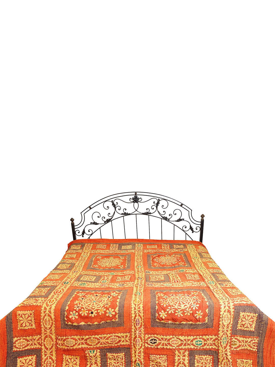 Exotic India Orange Floral Cotton 300 TC Queen Fine Bedsheet -99 x 87 inches