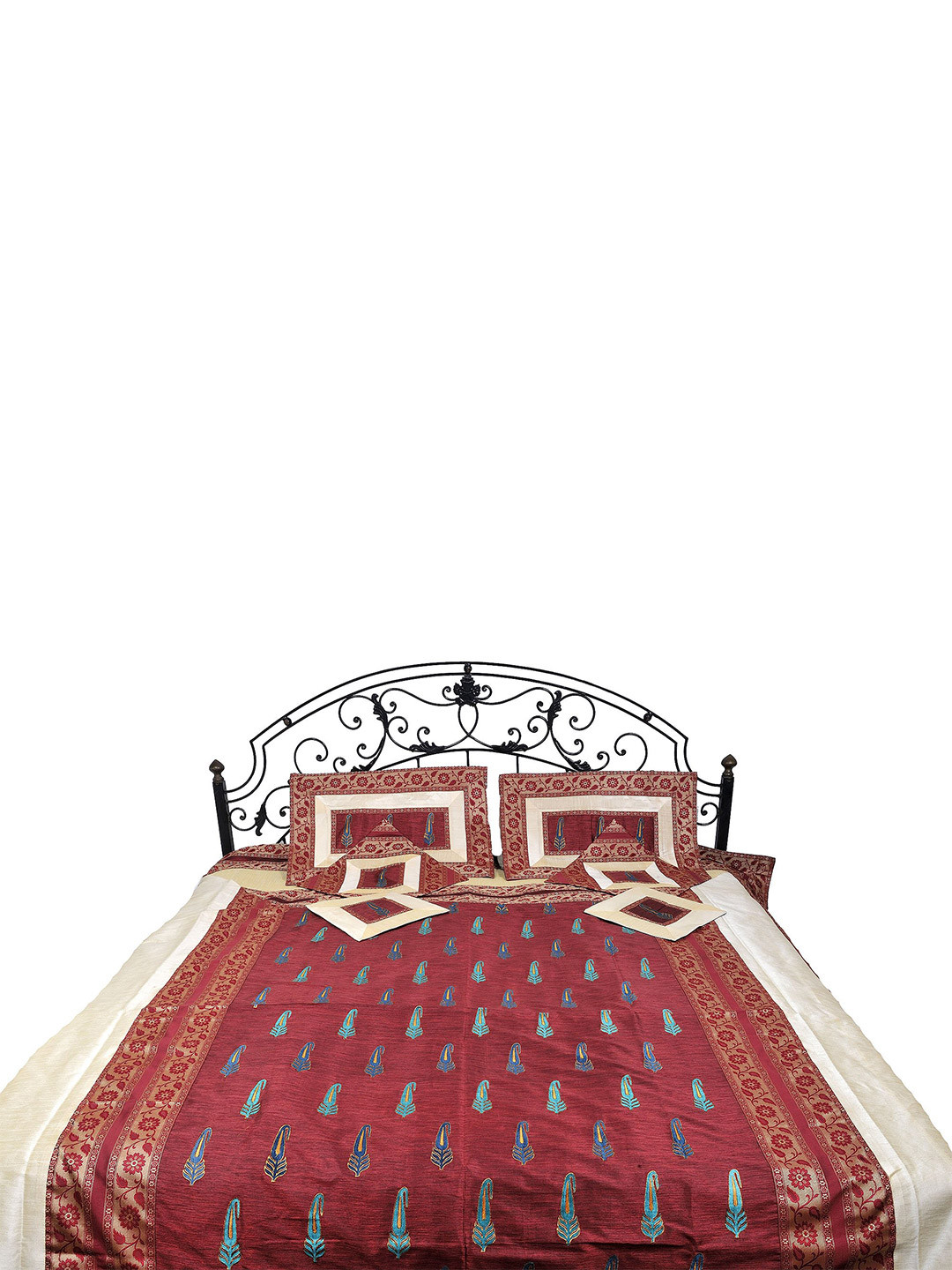 Exotic India Woollen Embossed Red Paisley Polyester 300 TC Queen Fine Bedsheet with 6 Pillow Covers-268.2 x 228.6 cm