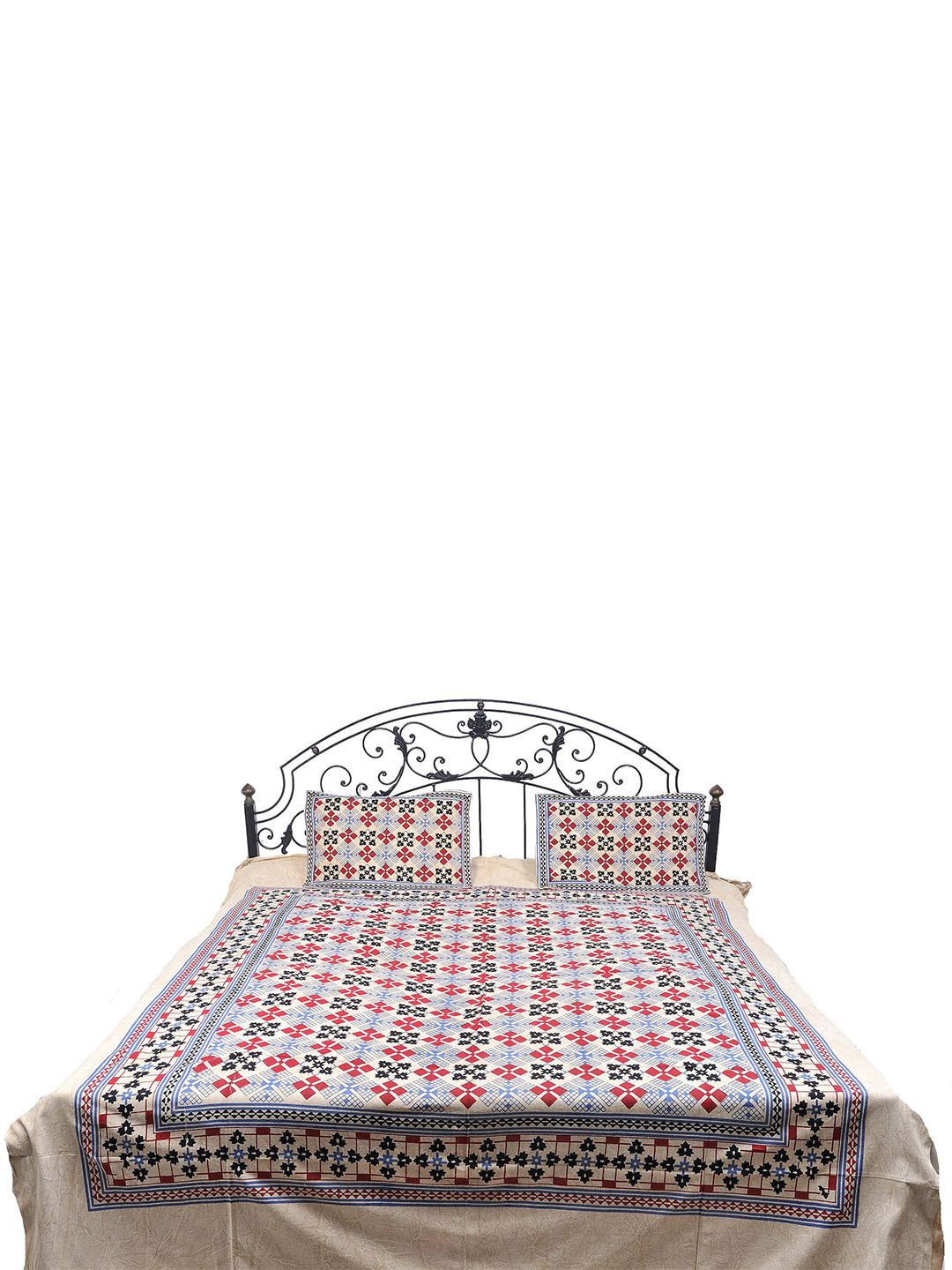 Exotic India Sye41 Beige Floral Cotton 300 TC Queen Fine Bedsheet with 2 Pillow Covers-243 x 213 cm
