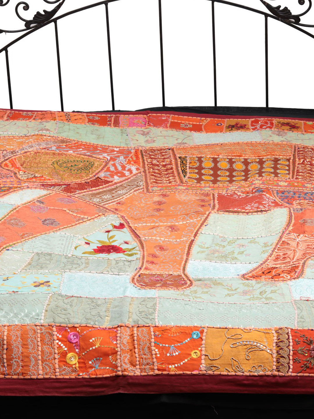 Exotic India Glacier Gujarati Orange Graphic Cotton 300 TC Queen Fine Bedsheet -96 x 78 inches