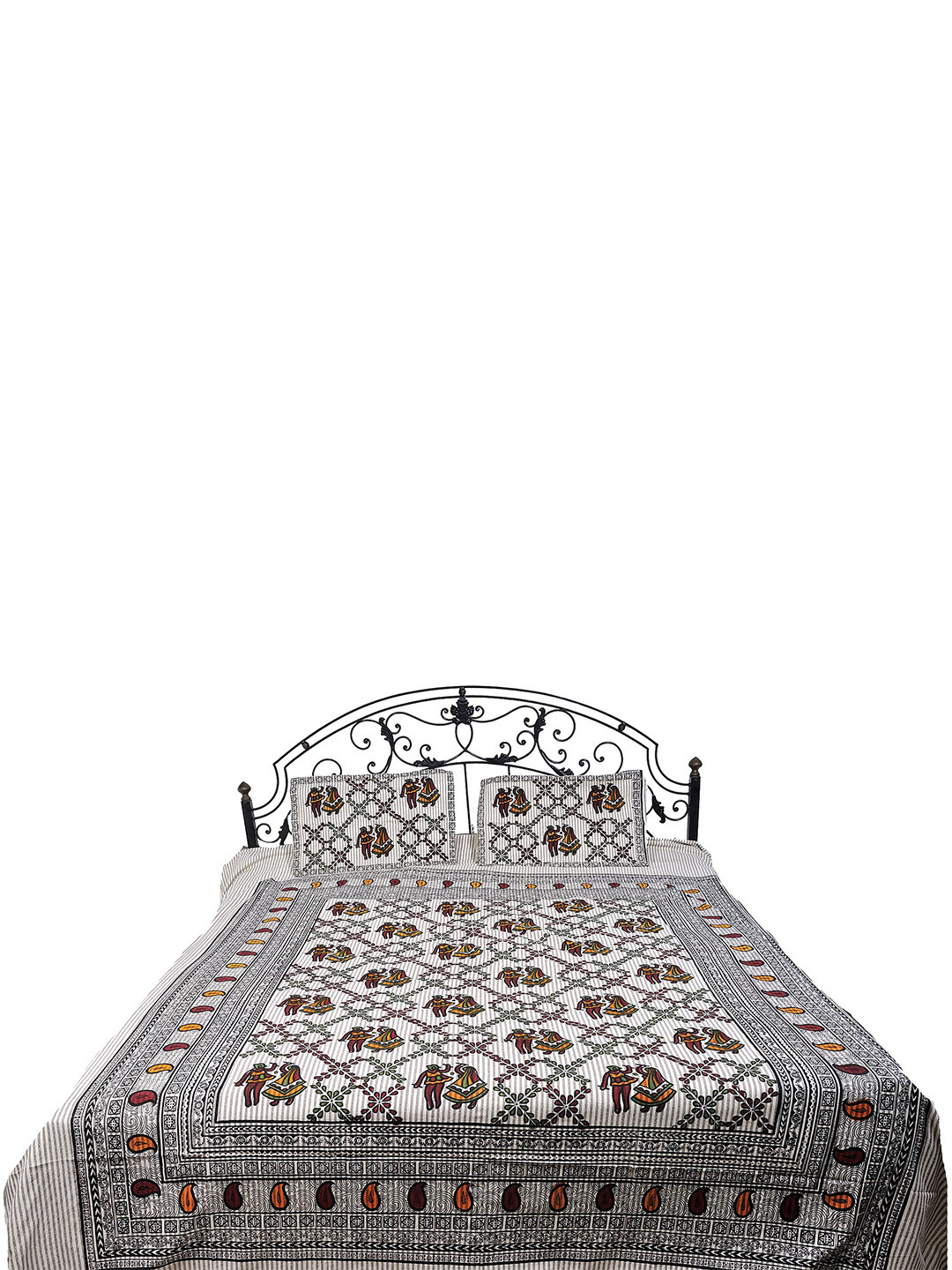 Exotic India Gardenia Black Ethnic Motifs Cotton 300 TC Queen Fine Bedsheet with 2 Pillow Covers-115 x 94 inches