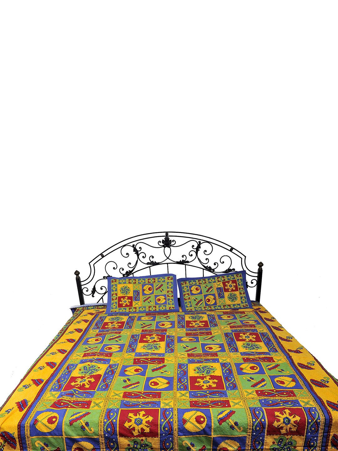 Exotic India Limoges Sanganeri Yellow Ethnic Motifs Cotton 300 TC Queen Fine Bedsheet with 2 Pillow Covers-96 x 84 inches