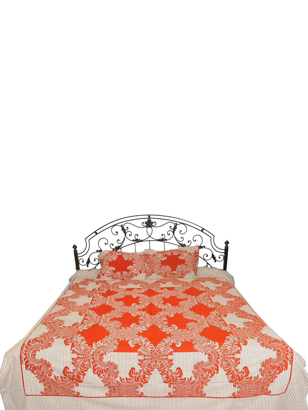 Exotic India Sy64 Orange Ethnic Motifs Cotton 300 TC Queen Bedsheet with 2 Pillow Covers-246 x 213 cm
