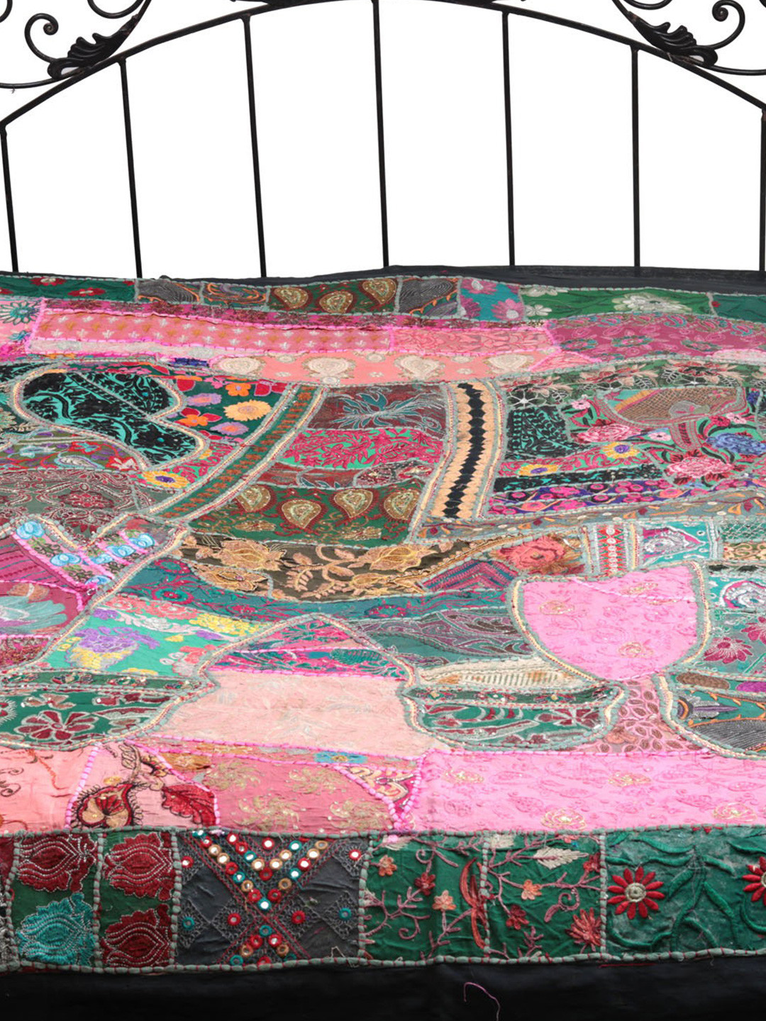 Exotic India Gujarati Green Ethnic Motifs Cotton 300 TC Queen Fine Bedsheet -96 x 78 inches