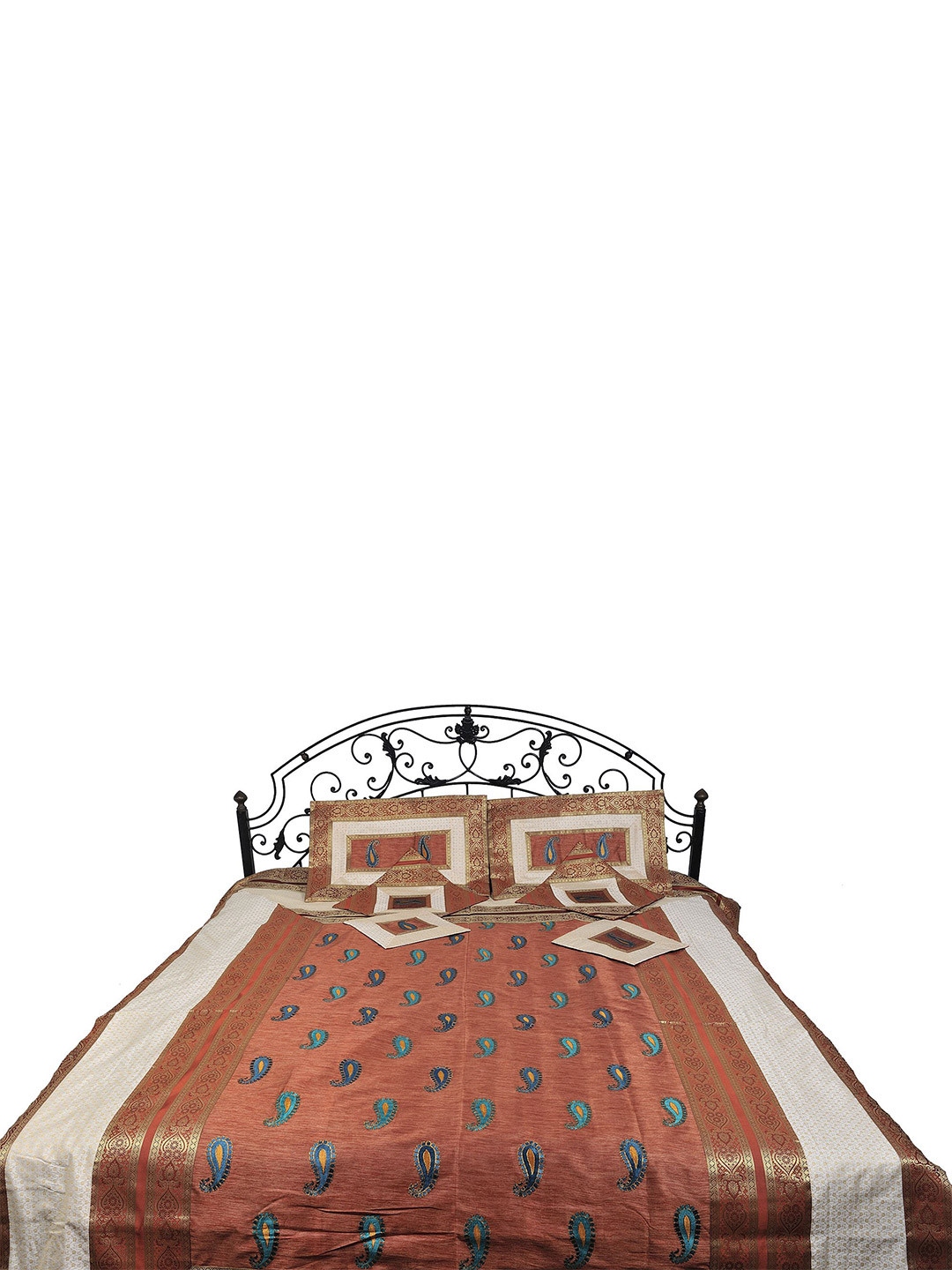 Exotic India Copper Coin Seven-Piece Banarasi Copper Paisley Polyester 300 TC Queen Fine Bedsheet with 6 Pillow Covers-106 x 90 inches